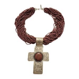 Vintage Multi Strand Seed Bead Stamped Cross Pendant Necklace
